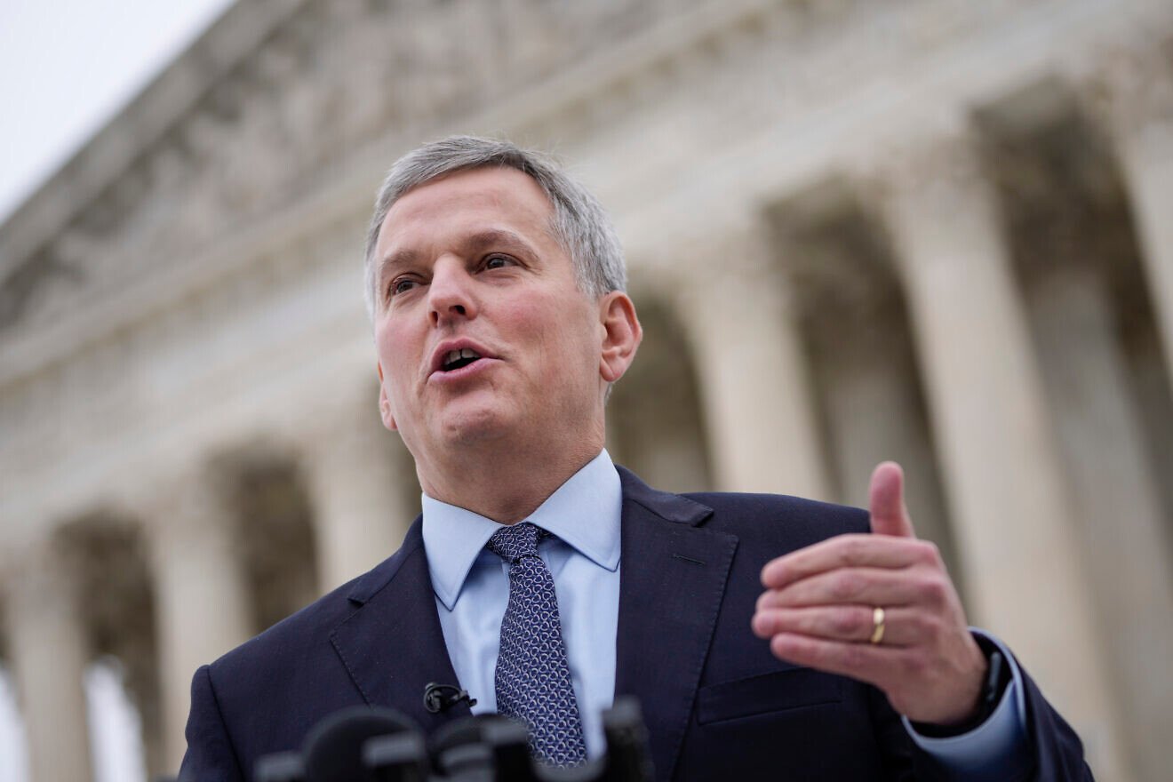 North Carolina Attorney General Josh Stein talks to reporters outside the U.S. Supreme Court after he attended oral arguments in the Moore v. Harper case Dec. 7, 2022 in Washington, D.C. Photo by Drew Angerer/Getty Images.