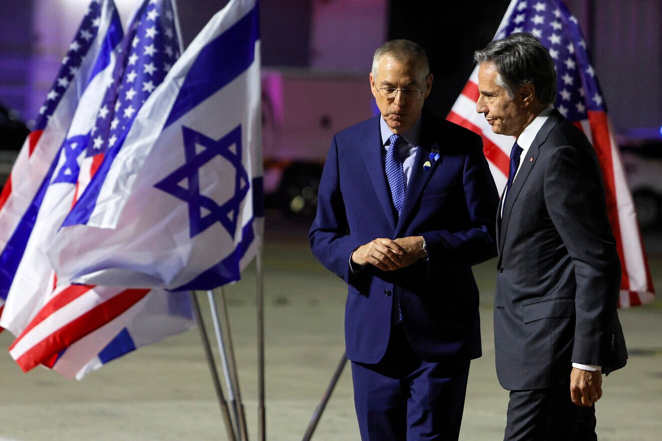 U.S. Secretary of State Antony Blinken is welcomed by Michael Herzog, Israel's ambassador to the United States, upon arrival at Ben-Gurion International Airport on April 30, 2024. Photo by Evelyn Hockstein/pool/AFP via Getty Images.