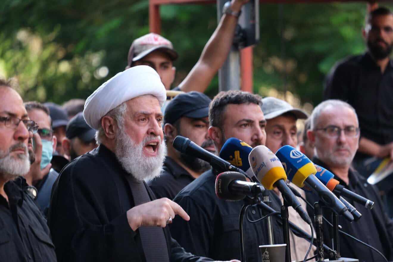 Naim Qassem, a prominent Hezbollah figure, speaking during the funeral of Hezbollah leader Ibrahim Aqil in Beirut on Sept. 22, 2024. Photo by Courtney Bonneau/Middle East Images/AFP via Getty Images.