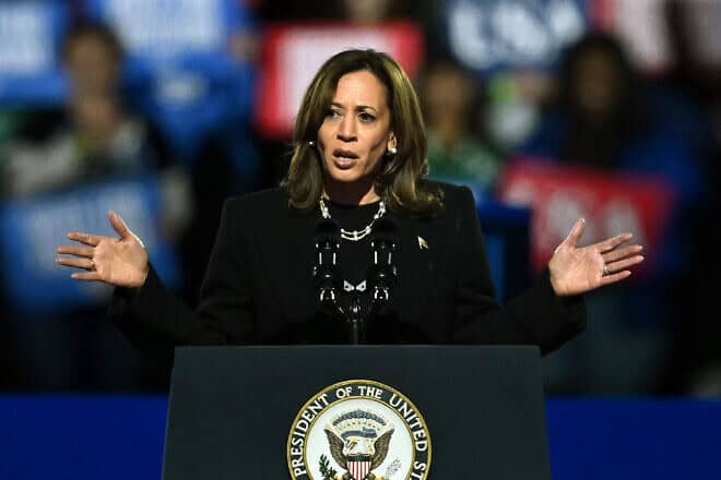 U.S. vice president and Democratic presidential candidate Kamala Harris speaks during a campaign rally on the Benjamin Franklin Parkway in Philadelphia on Nov. 4, 2024. Photo by Angela Weiss/AFP via Getty Images.