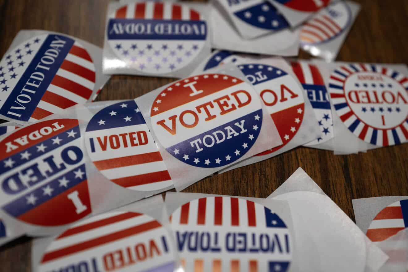 Stickers on a table during in-person absentee voting on Nov. 1, 2024 in Little Chute, Wisconsin. Photo by Scott Olson/Getty Images.