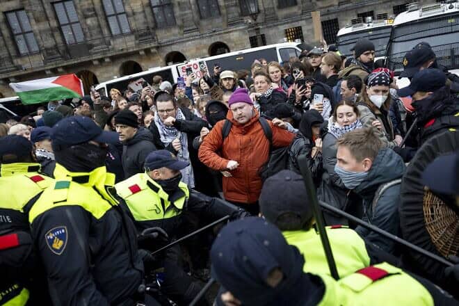Protesters take part in a pro-Palestinian demonstration on Dam Square in Amsterdam on Nov. 10, 2024. Photo by Robin van Lonkhuijsen, ANP/AFP/Netherlands OUT via Getty Images.