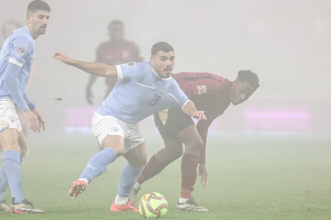 Midfielder Ethane Azoulay of Israel in action during the UEFA Nations League 2024/25 League Group A2 match between Israel and Belgium at Bozsik Arena in Budapest on Nov. 17, 2024. Photo by David Balogh/Getty Images.