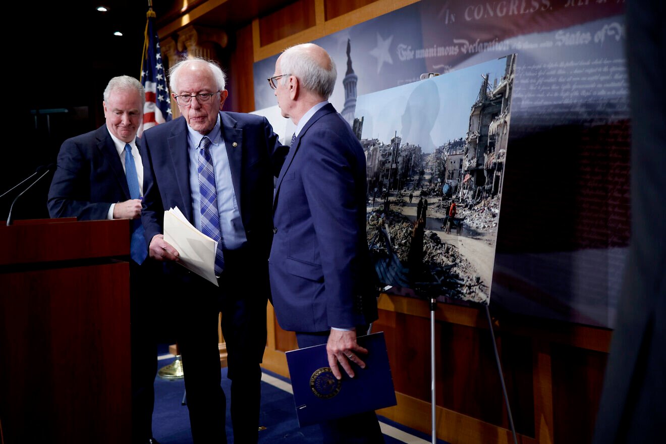 Sen. Bernie Sanders (I-Vt.), joined by fellow Sens. Chris Van Hollen (D-Md.) and Peter Welch (D-Vt.), departs from a news conference on restricting arms sales to Israel at the U.S. Capitol in Washington, D.C., on Nov. 19, 2024. Photo by Kevin Dietsch/Getty Images.
