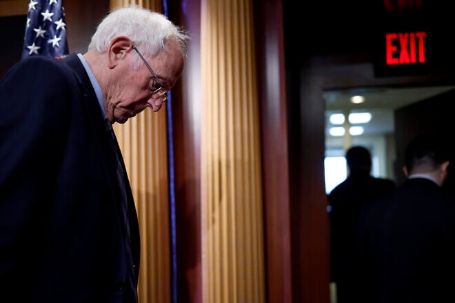 Sen. Bernie Sanders (I-Vt.) departs from a news conference on restricting arms sales to Israel at the U.S. Capitol in Washington, D.C., on Nov. 19, 2024. Photo by Kevin Dietsch/Getty Images.