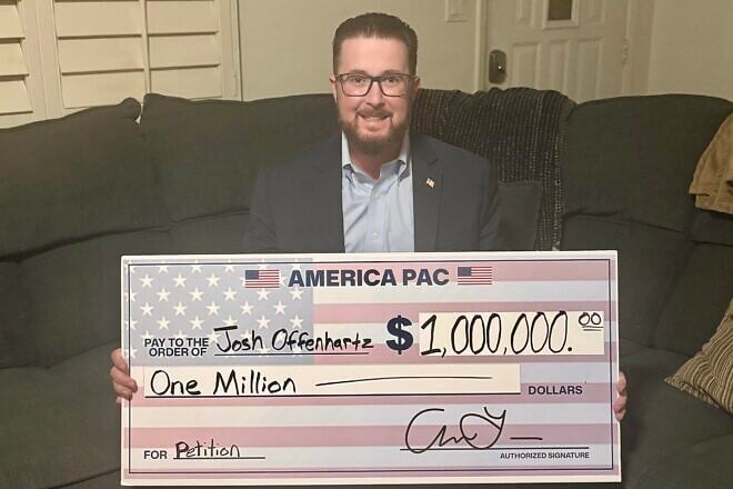 Joshua Offenhartz, a Jewish lawyer in Arizona, won $1 million from Elon Musk's America PAC in November 2024. Credit: Courtesy.
