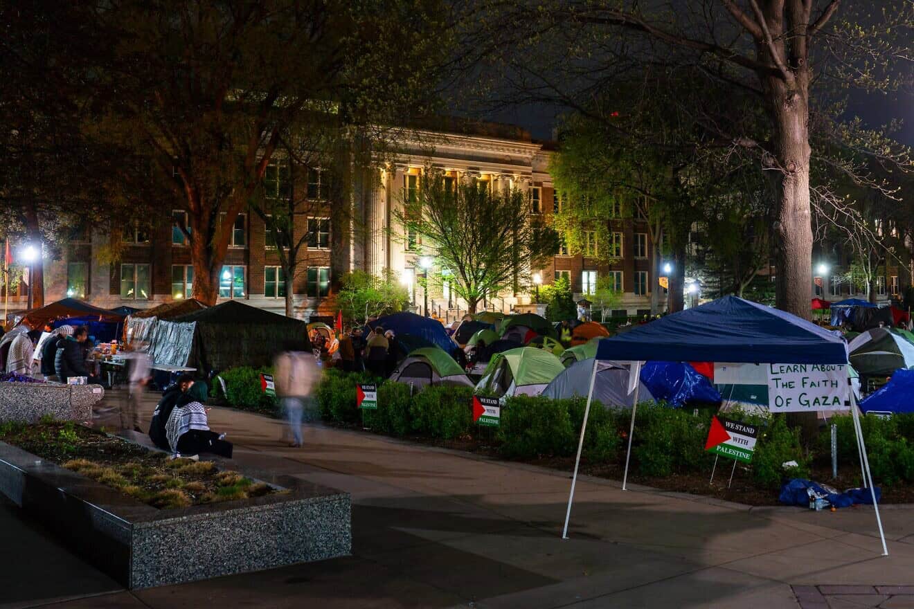 Students at a pro-Palestinian tent encampment at the University of Minnesota in Minneapolis—following one cleared by police the week before, when nine protesters were arrested—on May 1, 2024. Credit: Chad Davis via Wikimedia Commons.