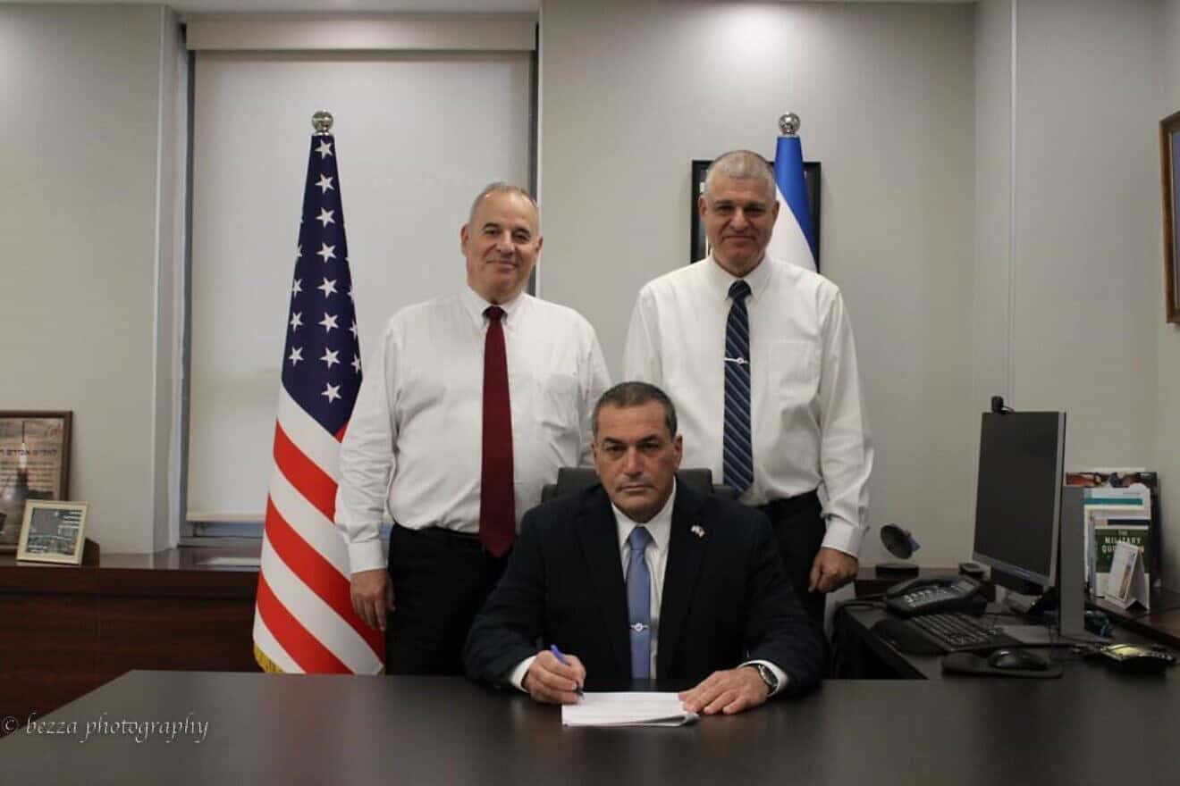 Director General of the IMOD, Maj. Gen. (res.) Eyal Zamir (c), Head of the IMOD’s Mission to the U.S., Aviram Hasson (r), and Senior Deputy Head of the Mission, Offer Zavatzky, Nov. 6, 2024. Credit: Media and Public Affairs Bureau/Israel Ministry of Defense.