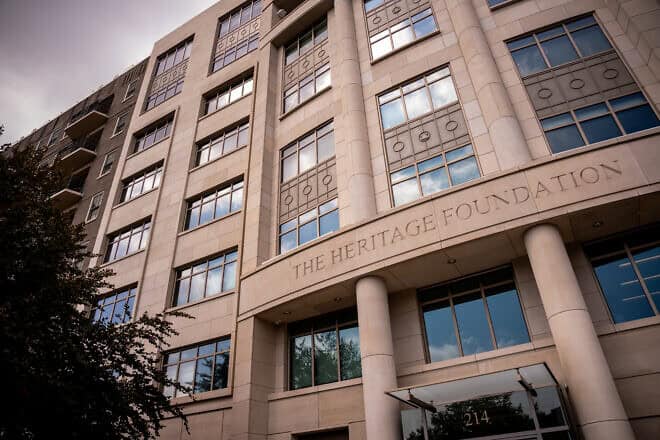 An exterior view of The Heritage Foundation building in Washington, D.C., on July 30, 2024. Photo by Andrew Harnik/Getty Images.