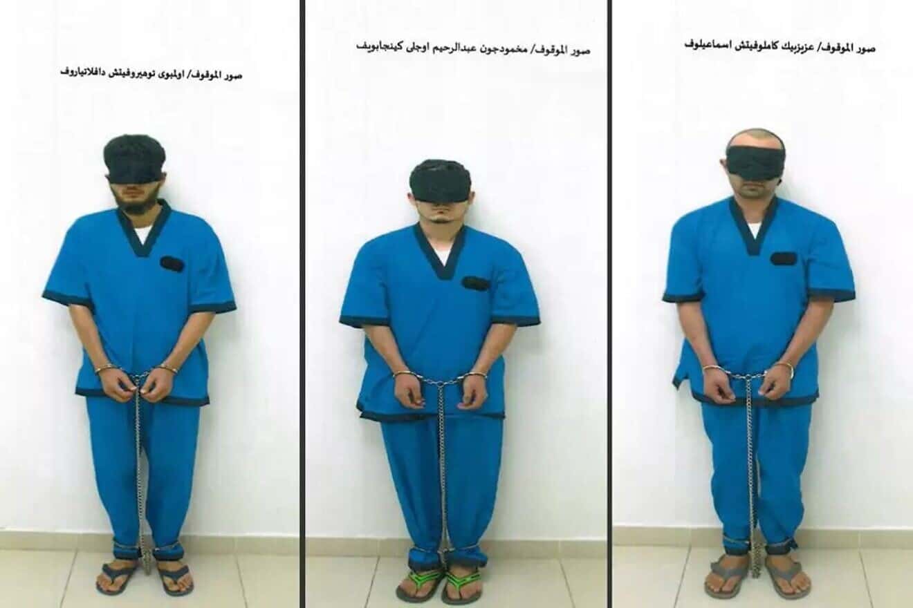 The three Uzbek nationals arrested as suspects in the murder of Chabad Rabbi Zvi Kogan. Source: UAE Interior Ministry/X.