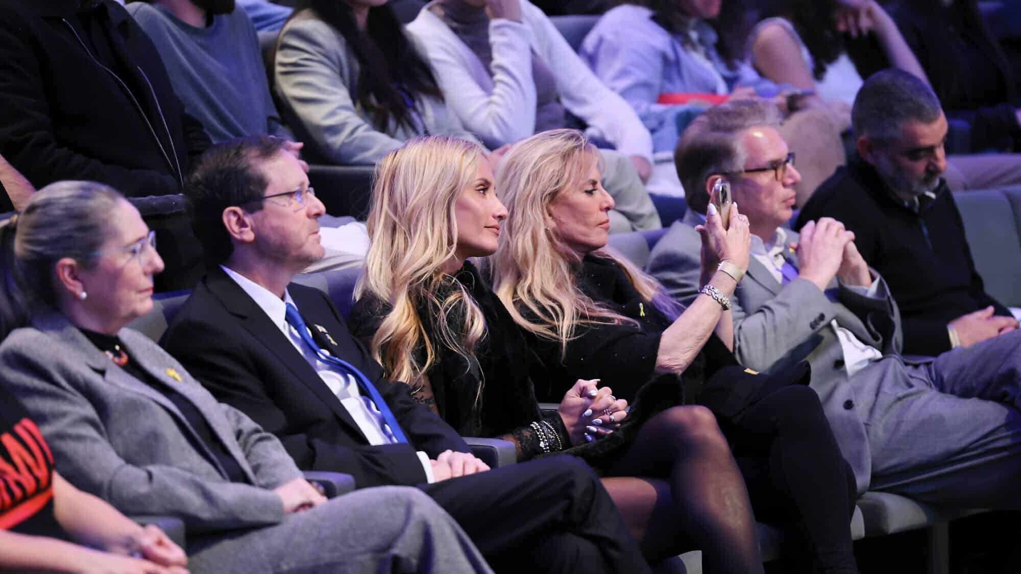 From left: Michal Herzog, Israel's first lady; Israeli President Isaac Herzog; social-media influencer Montana Tucker, and her mother and manager, Michelle Tucker; and Museum of Tolerance Jerusalem CEO Jonathan Riss attend the world premiere of the documentary film "The Children of October 7th" in Jerusalem, Dec. 2, 2024. Photo by Arnon Bossani.