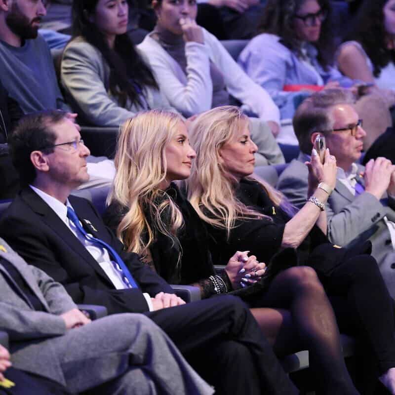 From left: Michal Herzog, Israel's first lady; Israeli President Isaac Herzog; social-media influencer Montana Tucker, and her mother and manager, Michelle Tucker; and Museum of Tolerance Jerusalem CEO Jonathan Riss attend the world premiere of the documentary film "The Children of October 7th" in Jerusalem, Dec. 2, 2024. Photo by Arnon Bossani.