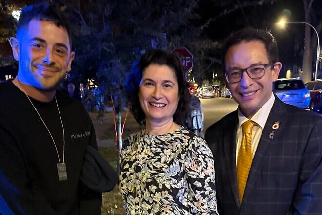 (From left) Daniel Schwartz, co-founder of the Chicago Jewish Alliance; Debra Silverstein, alderman of Chicago's 50th Ward; and Raymond Lopez, alderman of Chicago's 15th Ward at a rally in Chicago organized by the CJA on Oct. 30, 2024. Credit: Chicago Jewish Alliance.