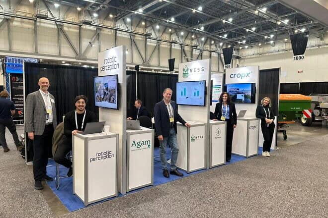 The booths of five Israeli AgTech companies invited to present at the Great Lakes Fruit, Vegetable and Farm Market Expo in Grand Rapids, Mich., from Dec. 10-12, 2024. Photo by Elisha Breton/The Consulate General of Israel to the Midwest.