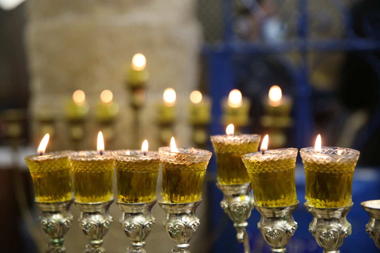 A chanukiyah in Meron in northern Israel, on the sixth night of the holiday, on Dec. 15, 2020. Photo by David Cohen/Flash90.