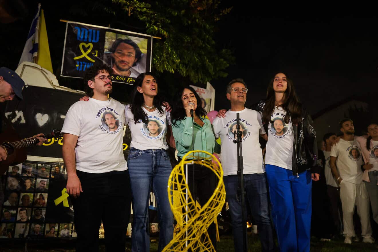 Family and friends of Israeli hostage Omer Shem Tov, including his mother, Shelly Shem Tov (second from left) mark his second birthday in Hamas captivity, in Herzliya, on Oct. 31, 2024. Photo by Tal Gal/Flash90.