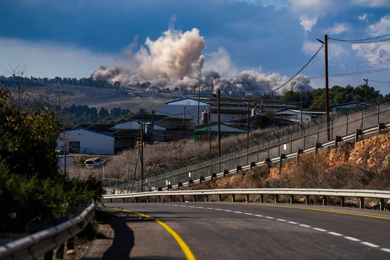 Smoke after a blast in the village of Yaroun in Southern Lebanon, as seen from Moshav Avivim in Israel, Dec. 17, 2024. Photo by Ayal Margolin/Flash90.