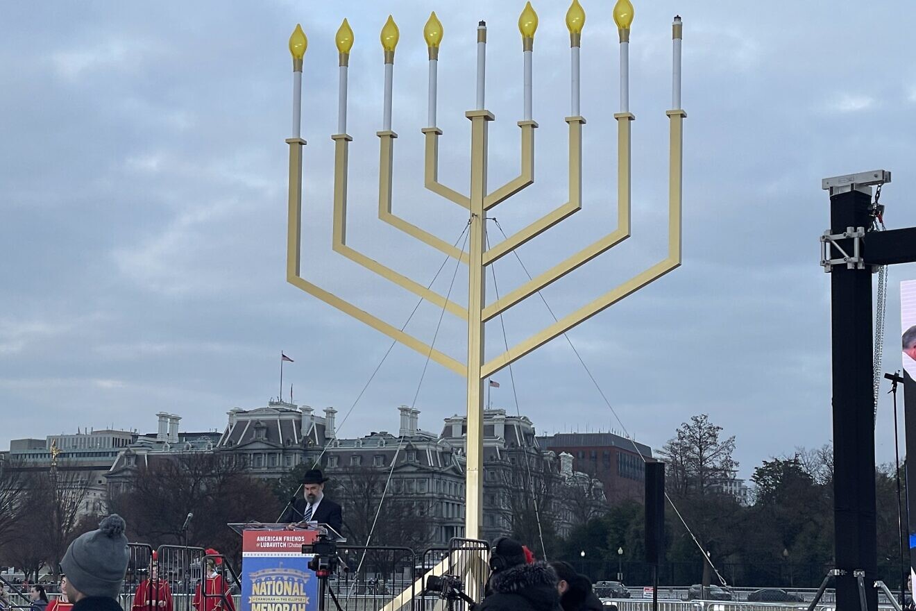 Rabbi Levi Shemtov, executive vice president of American Friends of Lubavitch, speaks at the National Menorah lighting on the Ellipse, just south of the White House, in Washington, D.C., Dec. 25, 2024. Photo by Mike Wagenheim.