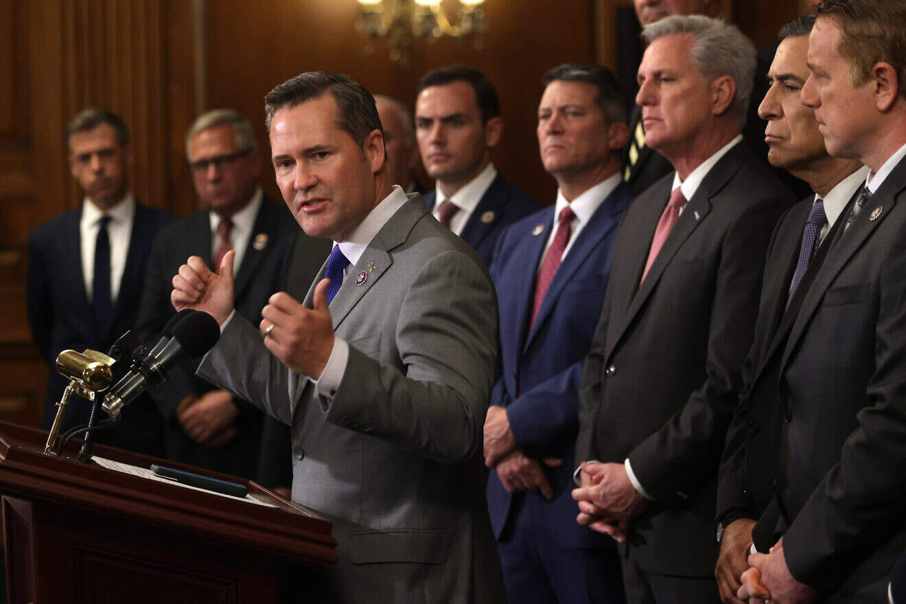 U.S. Rep. Michael Waltz (R-Fla.) speaks as House Minority Leader Rep. Kevin McCarthy (R-Calif.) (3rd R) and other House Republican veterans listen during a news conference at Rayburn Room of the U.S. Capitol Aug. 31, 2021 in Washington, D.C. Photo by Alex Wong/Getty Images.