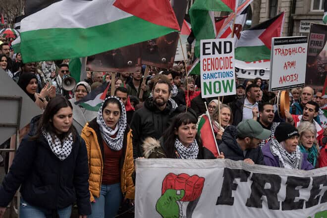 A protest held by the Ireland-Palestine Solidarity Campaign the capital of Dublin, Feb. 17, 2024. Photo by Natalia Campos/Getty Images.