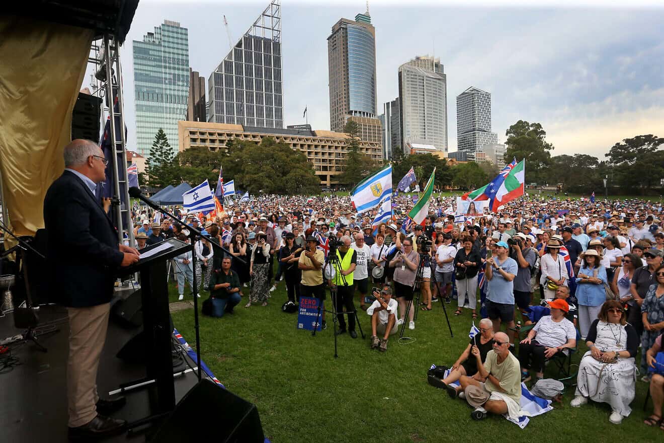 Former Australian Prime Minister Scott Morrison speaks to a large crowd during a rally against antisemitism at The Domain on Feb. 18, 2024 in Sydney, Australia. Photo by Lisa Maree Williams/Getty Images.
