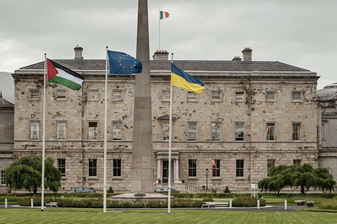 The Palestinian flag is flown at Leinster House of the Irish Parliament as Ireland formally recognizes the State of Palestine, Dublin, May 28, 2024. Photo by Natalia Campos/Getty Images.