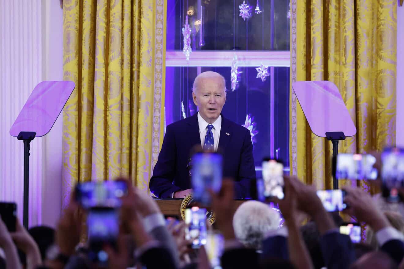 U.S. President Joe Biden speaks during a Chanukah reception in the East Room of the White House on Dec. 16, 2024 in Washington, D.C. Photo by Anna Moneymaker/Getty Images.