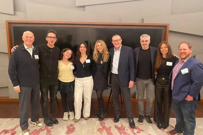 (From left) Muss committee chair Karl Kaplan; guest speaker Shai Davidai; Muss alumni Maya Lax and Lila Mauk; Jewish National Fund-USA board member Logan Levkoff; New York Muss president Bob Weiss; hosts Avner & Lisa Mendelson; and Muss representative Greg Litcofsky. Credit: Courtesy.