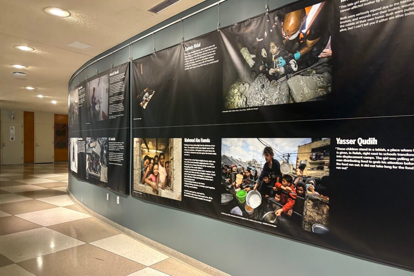 The exhibit "Gaza, Palestine: A Crisis of Humanity, a Cry for Justice" at United Nations headquarters in New York, Dec. 9, 2024. Photo by Vita Fellig.