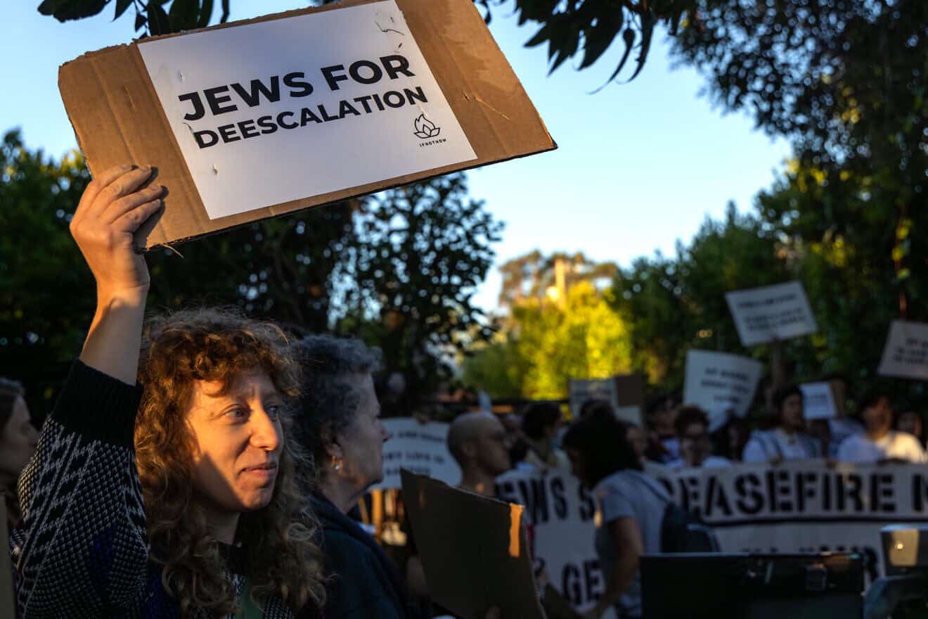 The group IfNotNow protests outside the Los Angeles home of Vice U.S. President Kamala Harris against American arms for the Jewish state just weeks after the Oct. 7 Hamas-led terrorist attacks in southern Israel on Oct. 19, 2023. Photo by Irfan Khan/“TheLos Angeles Times” via Getty Images.