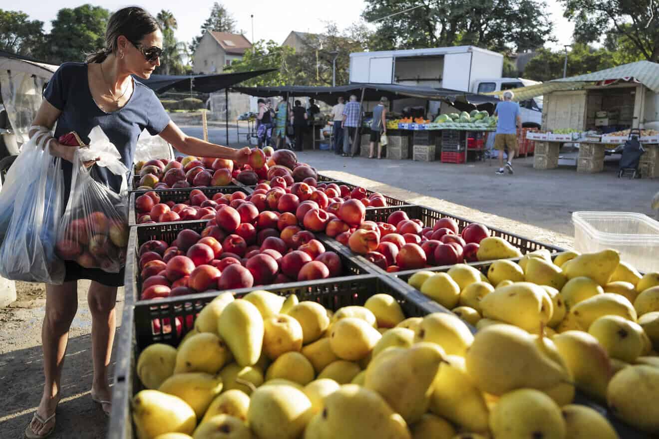 A woman shops at Katzrin's Tuesday Market on the Golan Heights, Aug. 27, 2024. Photo by Michael Giladi/ Flash90.