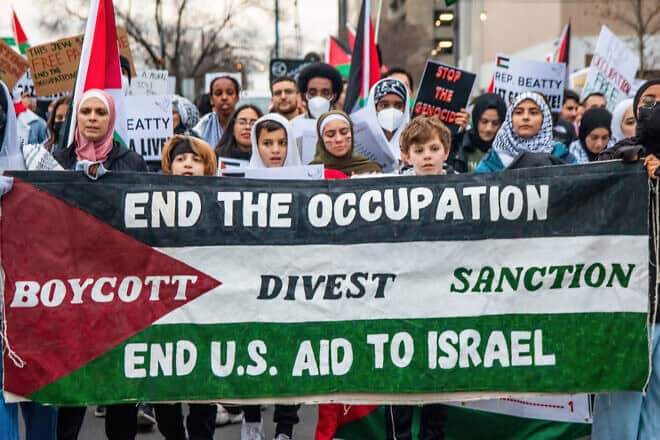 A pro-Palestinian protest in Columbus, Ohio, on Dec. 22, 2023. Credit: Becker1999 from Columbus, Ohio, via Wikimedia Commons.
