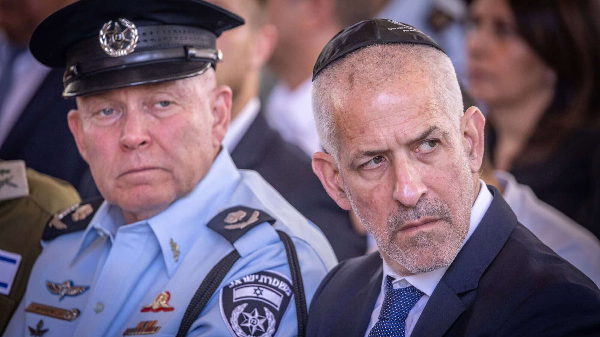 Shin Bet Director Ronen Bar (right) attends a state ceremony at the Mount Herzl Military Cemetery in Jerusalem marking the Hebrew calendar anniversary of the previous year's Hamas-led terrorist invasion, Oct. 27, 2024. Photo by Chaim Goldberg/Flash90.