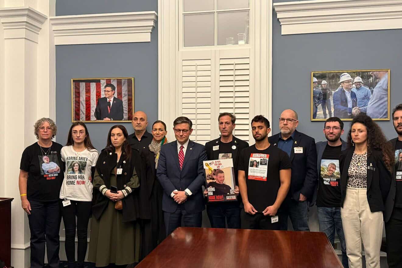 U.S. Speaker of the House Mike Johnson in Washington with relatives of captives held by Hamas in Gaza, Dec. 11, 2024. Credit: Courtesy of the Hostage and Missing Families Forum Headquarters.