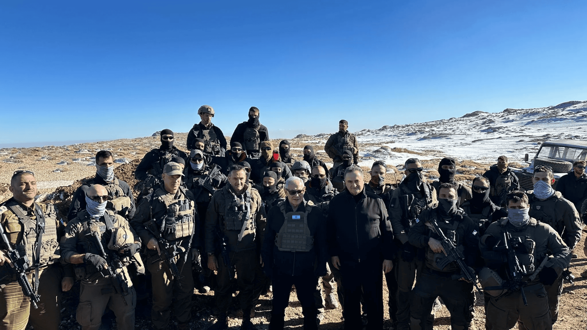 Israeli Prime Minister Benjamin Netanyahu, Defense Minister Israel Katz and other senior security officials at the peak of Mount Hermon, Dec. 17, 2024. Credit: Israeli Defense Ministry.