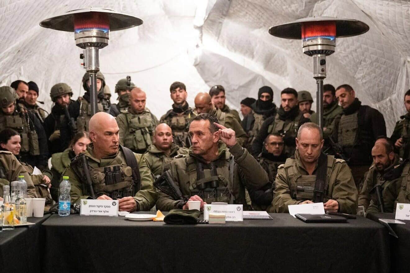 IDF Chief of Staff Lt. Gen. Herzi Halevi, center, speaking to commanders and soldiers in the Golan Heights on Dec. 13, 2024. Credit: IDF.