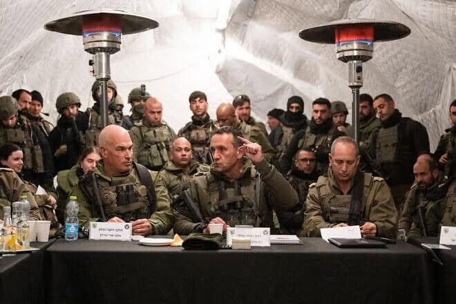 IDF Chief of Staff Lt. Gen. Herzi Halevi, center, speaking to commanders and soldiers in the Golan Heights on Dec. 13, 2024. Credit: IDF.