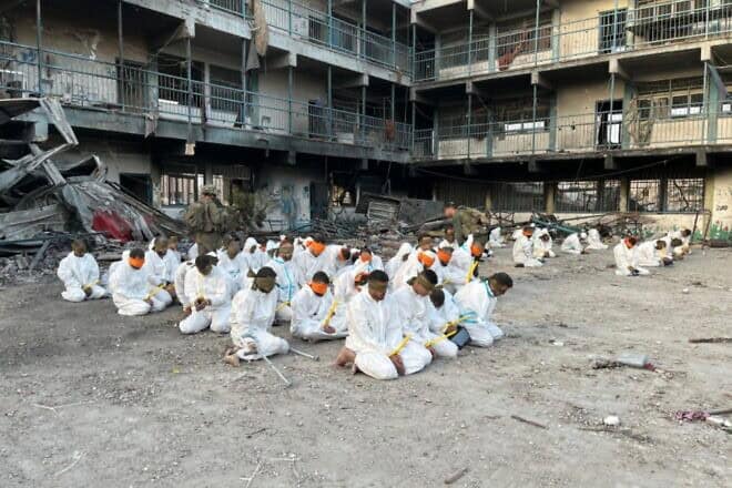 Captured Hamas and Palestinian Islamic Jihad terrorists at Kamal Adwan Hospital in the Gaza Strip on Dec. 28, 2024. Credit: IDF.
