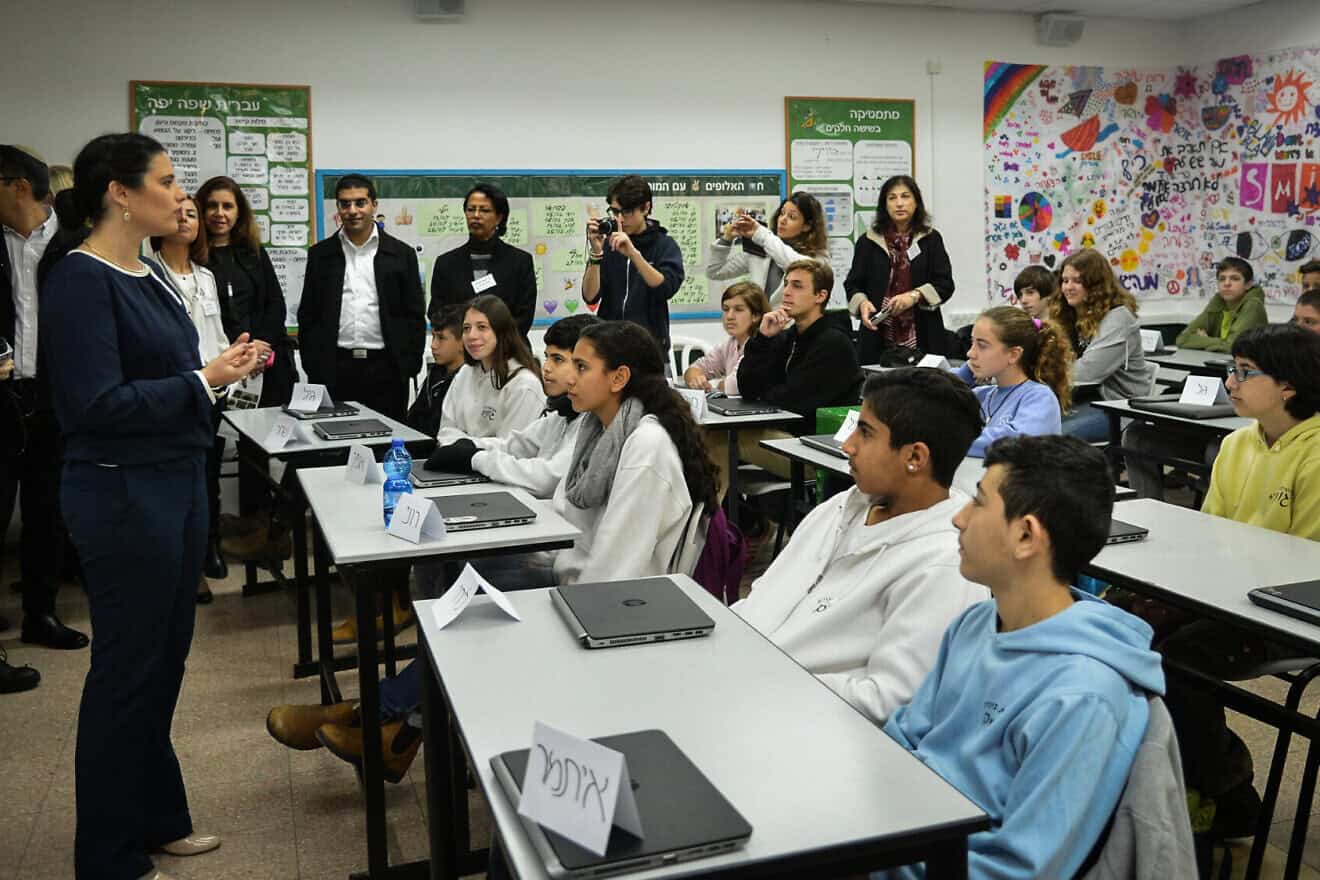 Then-Israeli Justice Minister Ayelet Shaked speaks to middle school pupils in Rosh Ha'ayin on Feb. 8, 2016. Credit: Flash90.