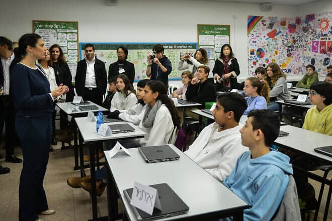 Then-Israeli Justice Minister Ayelet Shaked speaks to middle school pupils in Rosh Ha'ayin on Feb. 8, 2016. Credit: Flash90.