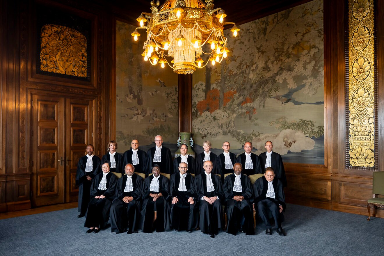 Members and registrar of the International Court of Justice in the Japanese Room of the Peace Palace in the Hague in July 2024. Credit: Frank van Beek/U.N. Photo/ICJ-CIJ.