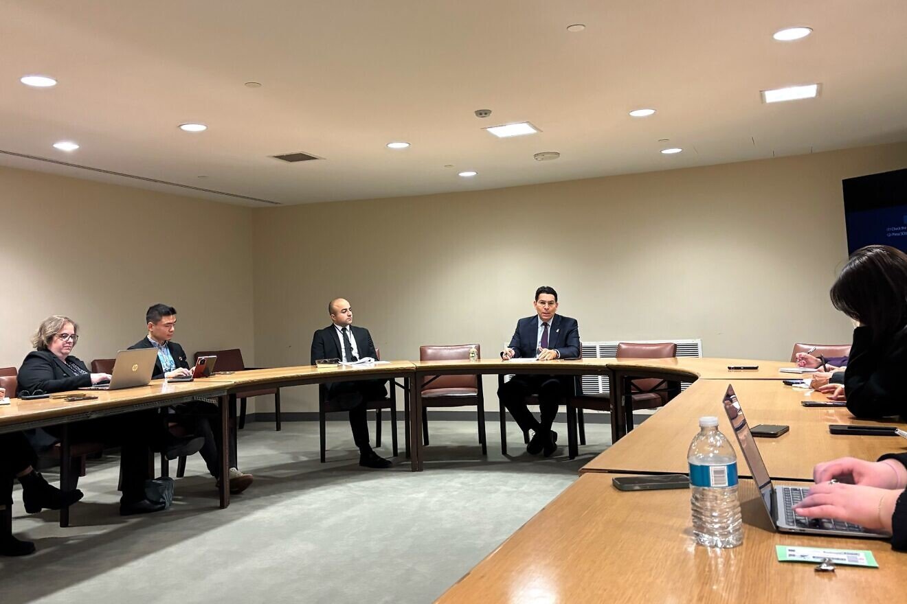 Danny Danon, the Israeli ambassador to the United Nations, hosts a press briefing with journalists in New York, Jan. 22, 2025. Photo by Vita Fellig.