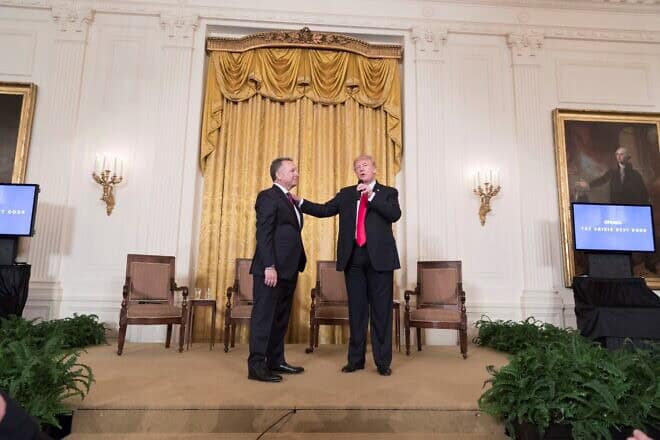 U.S. President Donald Trump welcomes his friend, Steve Witkoff (now the president's special envoy to the Middle East), in the East Room of the White House in Washington, D.C., on March 1, 2018. Credit: Official White House Photo by Shealah Craighead.