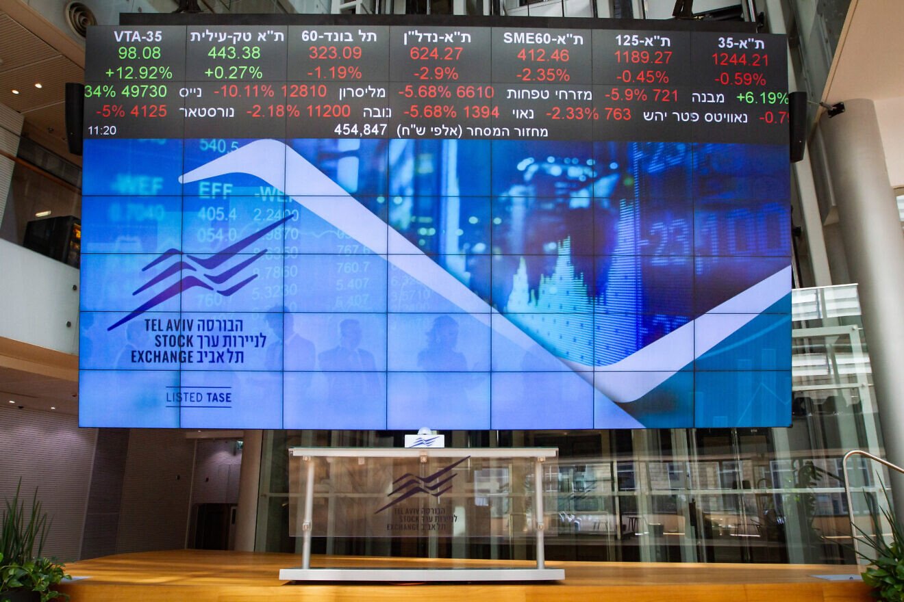 A stock market ticker screen in the lobby of the Tel Aviv Stock Exchange, in central Tel Aviv, March 15, 2020. Credit: Flash90.