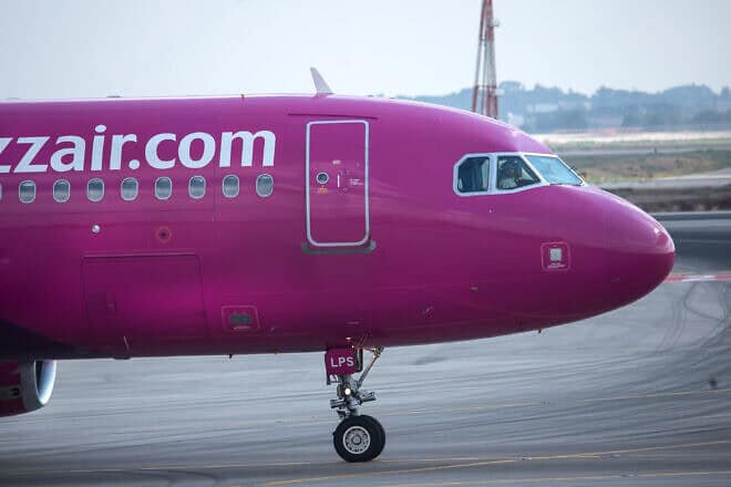 A Wizz Air flight prepares to take off from Ben-Gurion International Airport near Tel Aviv, on July 22, 2019. Photo by Moshe Shai/Flash90.