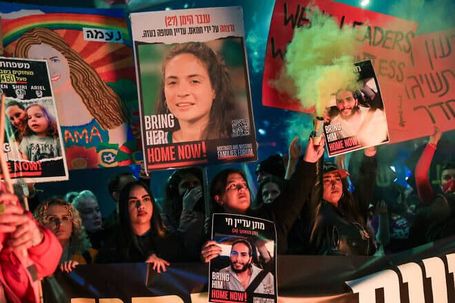 Demonstrators protest against the Israeli government and for the release of Israelis held hostage in the Gaza Strip outside Hakirya Base in Tel Aviv, Jan. 11, 2025. Photo by Itai Ron/Flash90.