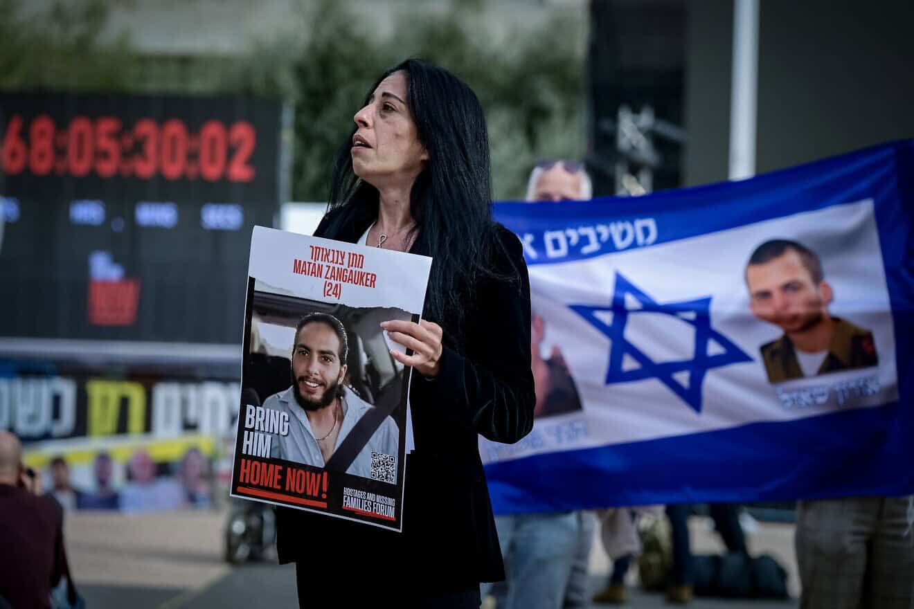 Relatives of Israelis held hostage by Hamas terrorists in Gaza hold a press conference in Tel Aviv, on Jan. 17, 2024. Photo by Avshalom Sassoni/Flash90.