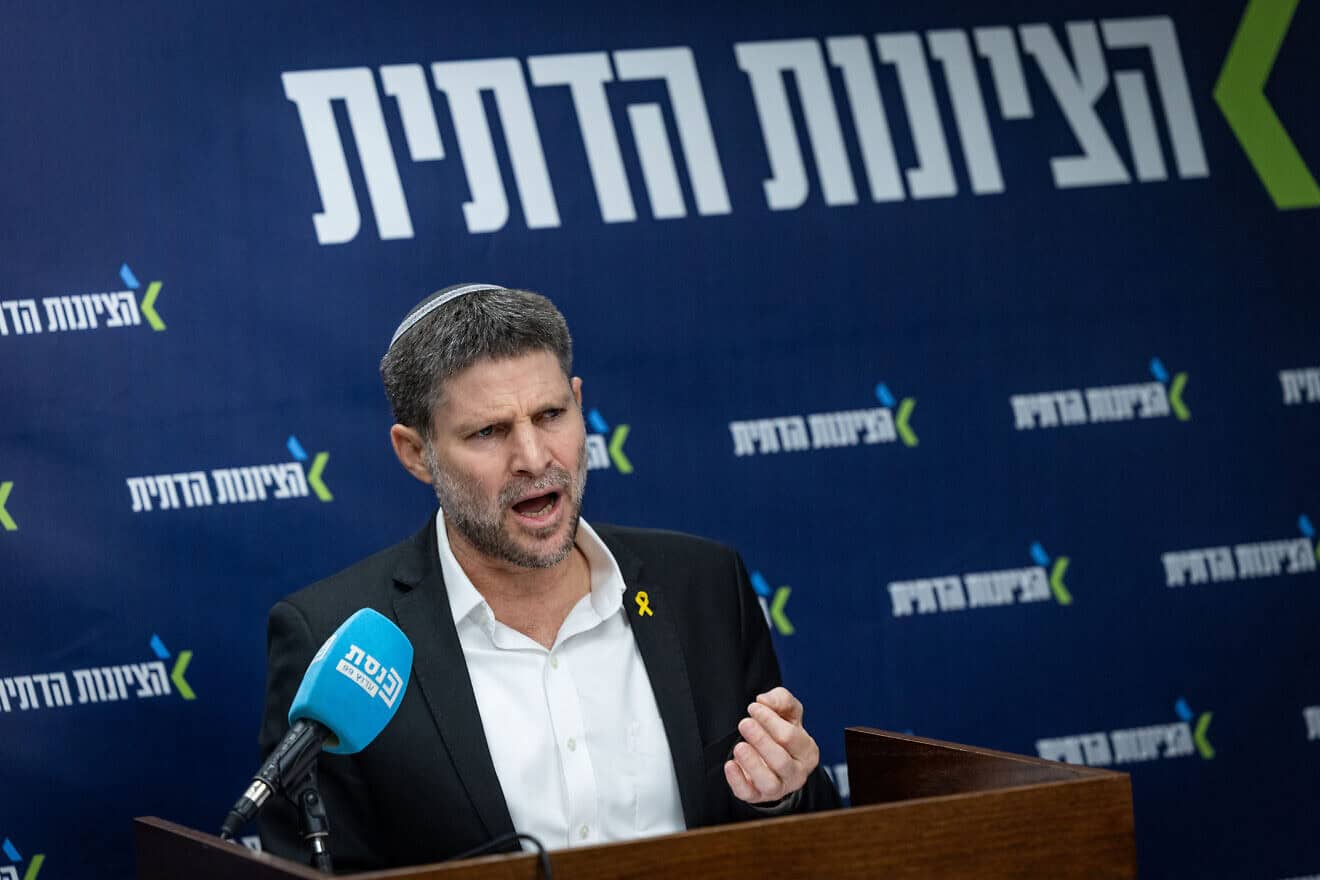 Israeli Finance Minister Bezalel Smotrich leads a meeting of his Religious Zionism Party at the Knesset in Jerusalem, Jan. 27, 2025. Photo by Chaim Goldberg/Flash90.