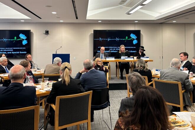 Gabriella Major, an 81-year-old Holocaust survivor, speaks at an American Jewish Committee event in New York City on  International Holocaust Remembrance Day, Jan. 27, 2025. Photo by Vita Fellig.