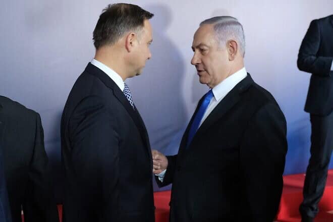 Polish President Andrzej Duda and Israeli Prime Minister Benjamin Netanyahu chat on the opening evening of the "Ministerial to Promote a Future of Peace and Security in the Middle East" in Warsaw, Feb. 13, 2019. Photo by Sean Gallup/Getty Images.
